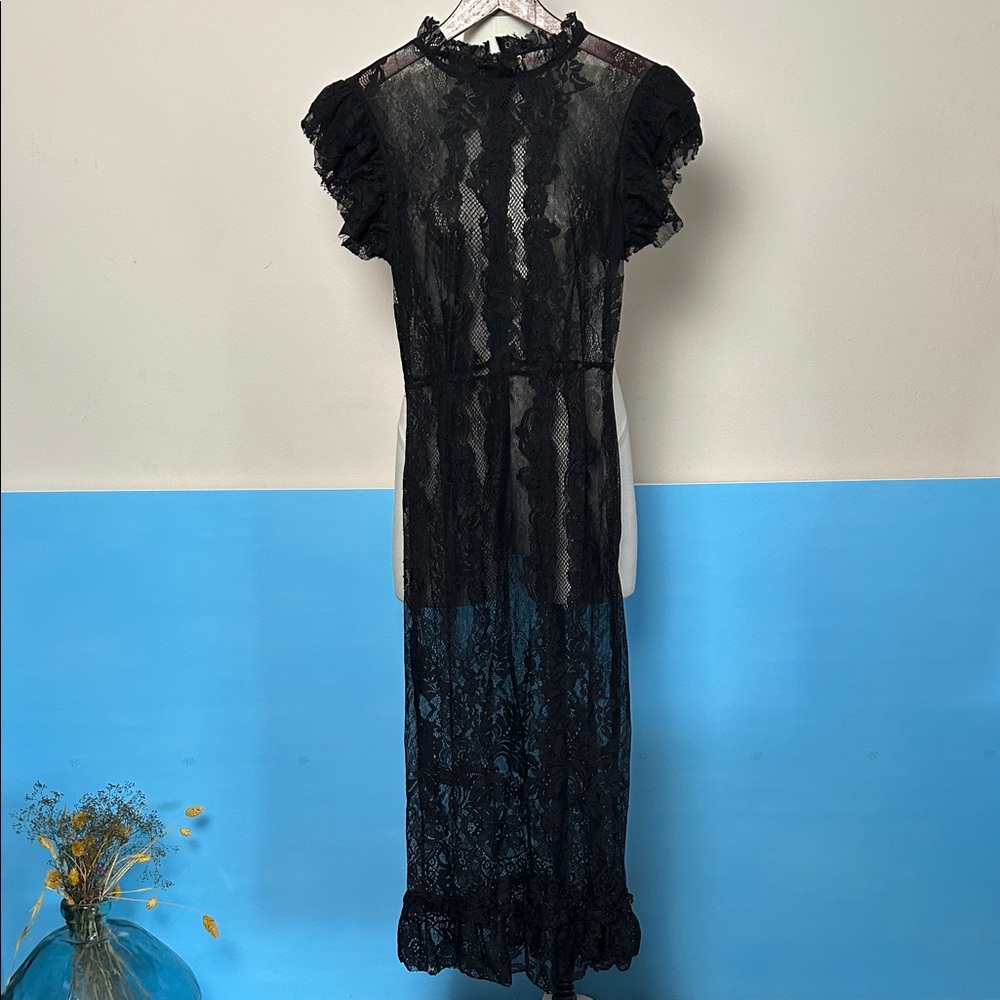 L'ATISTE Black Sheath Dress with Flutter Sleeves Victorian Lace Dress sz Small